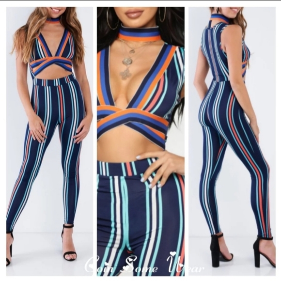 Chic Navy Milti Striped Jumpsuit SZ: XL - Picture 1 of 4